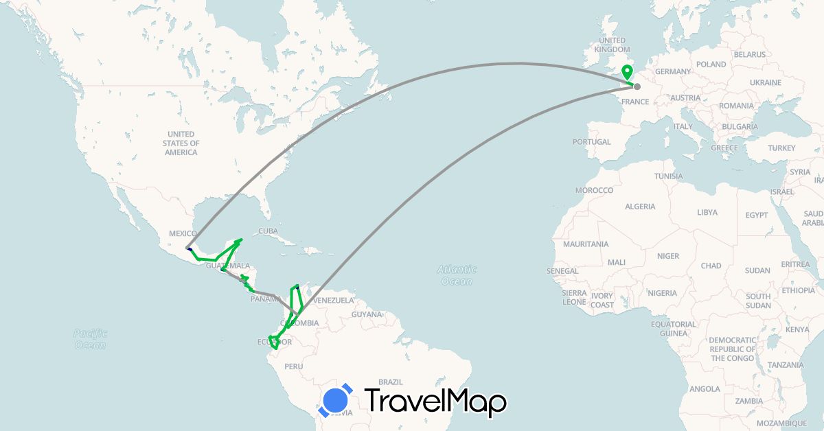 TravelMap itinerary: driving, bus, plane, hiking, boat in Colombia, Costa Rica, Ecuador, France, Guatemala, Mexico, Nicaragua, Panama, El Salvador (Europe, North America, South America)